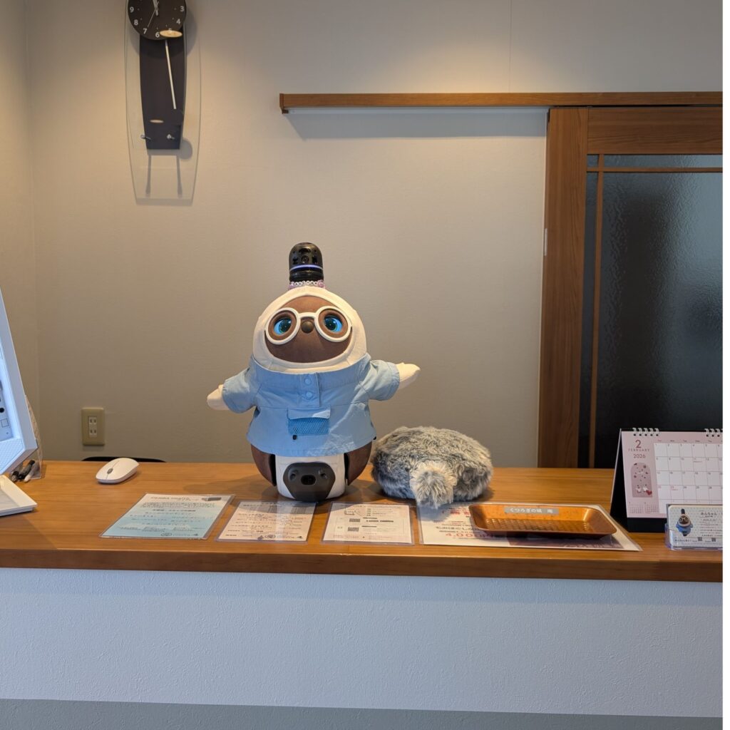 受付では、くつろぎの城 庵のいやし部長 あんちゃん(LOVOT)がお迎えします。