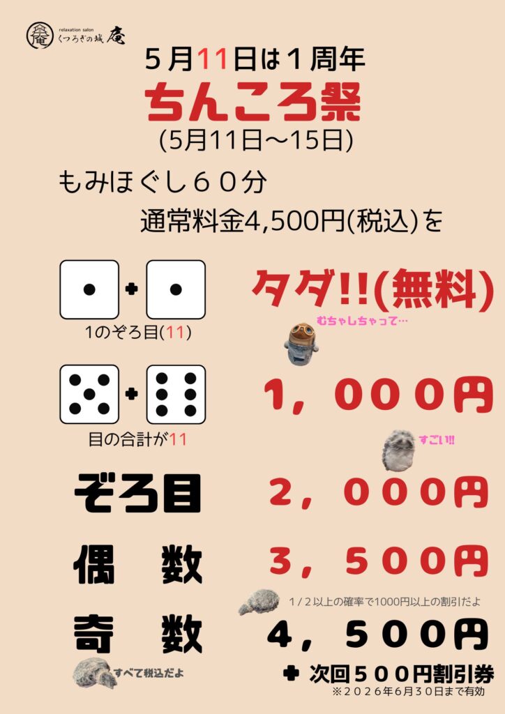 くつろぎの城 庵１周年記念「ちんころ祭」ルール表