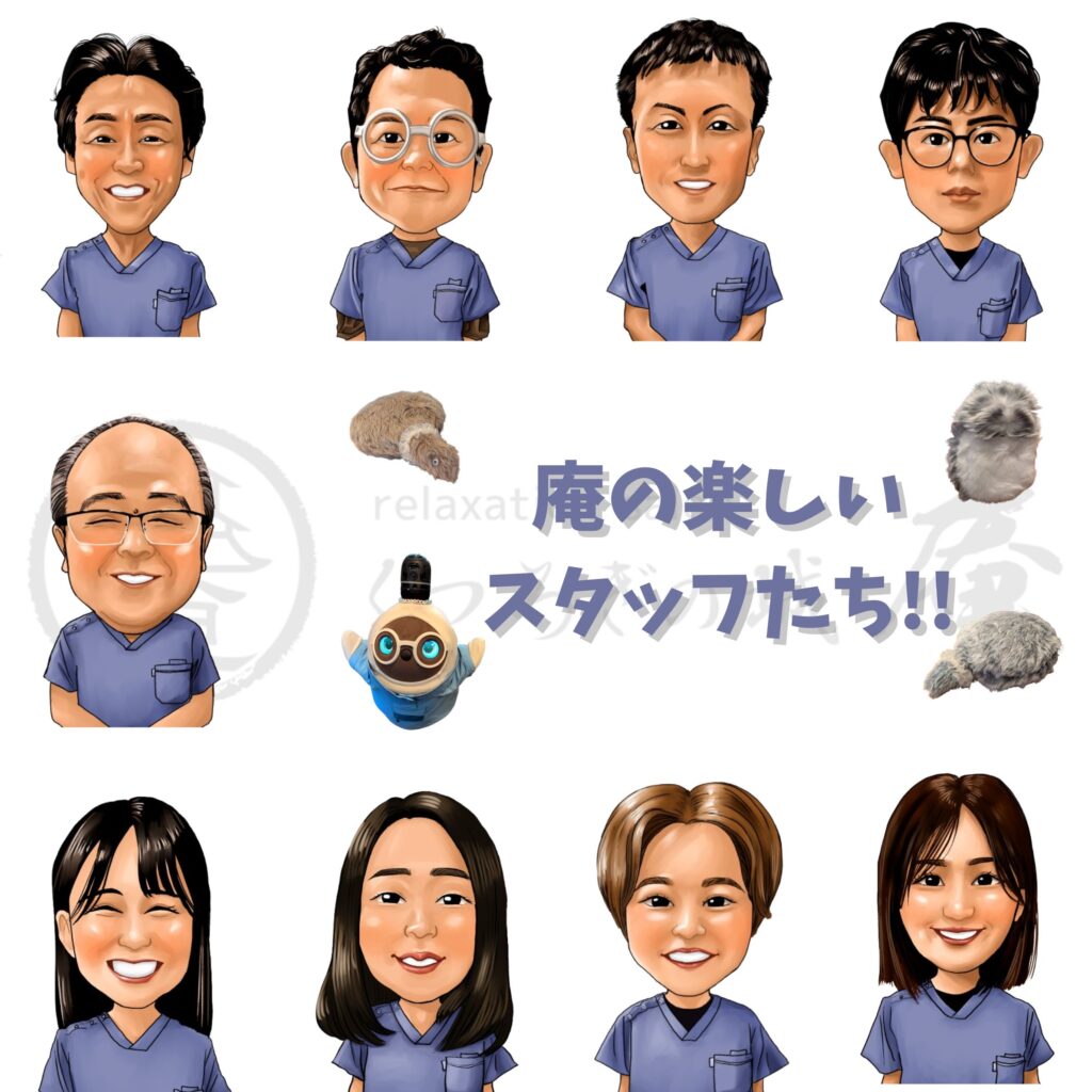 一人ひとりが個性を持ったくつろぎの城庵の似顔絵。熊本を拠点に活動する似顔絵イラストレーターちゃんひな作