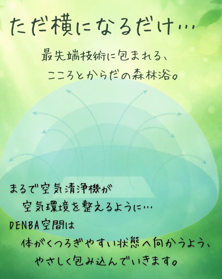 DENBA空間は-身体の中の水にやさしく働きかけ、体がくつろぎやすい状態へ向かうよう、やさしく包み込んでいきます。