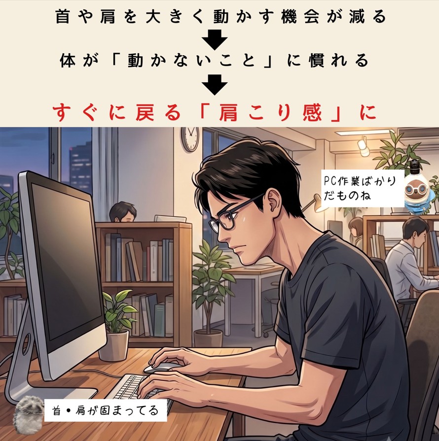 首や肩がガチガチになりやすい背景には、私たちの生活環境が大きく関わっています。