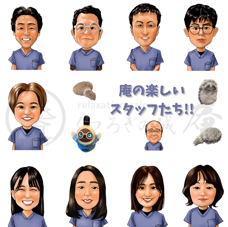 一人ひとりが個性を持ったくつろぎの城庵の似顔絵。熊本を拠点に活動する似顔絵イラストレーターちゃんひな作