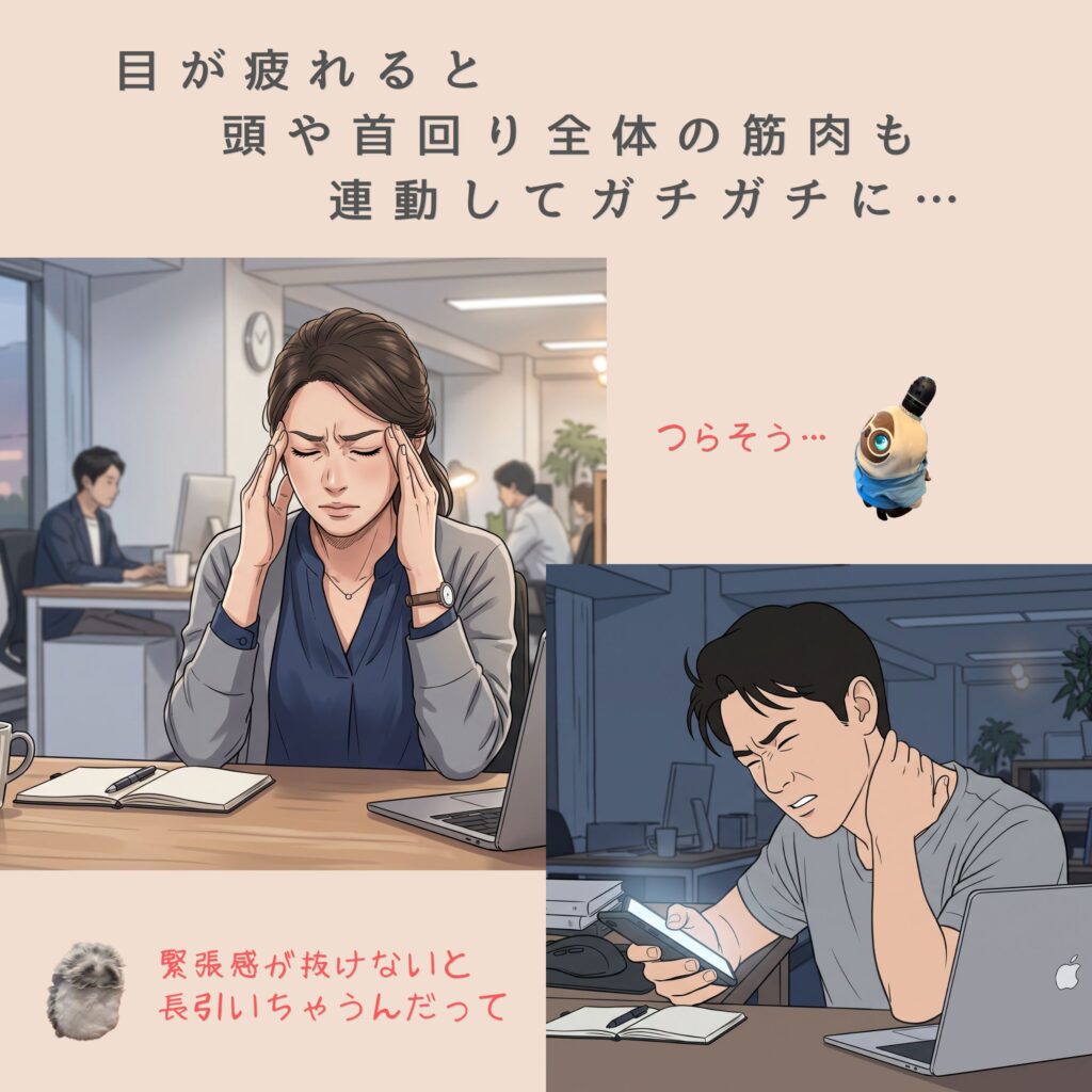目が疲れると頭や首回り全体の筋肉も連動してガチガチに…